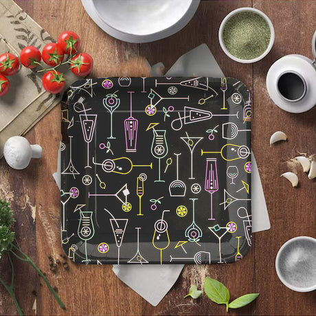 8 Ct. Cocktail Party Square Paper Dinner Plates Neon Drink Design 9 Inch