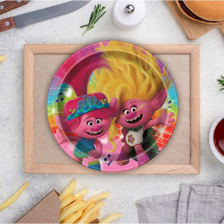 8 Count Trolls Paper Dinner Plates for Birthday Party Supplies and Kids Celebration Use 9 Inch