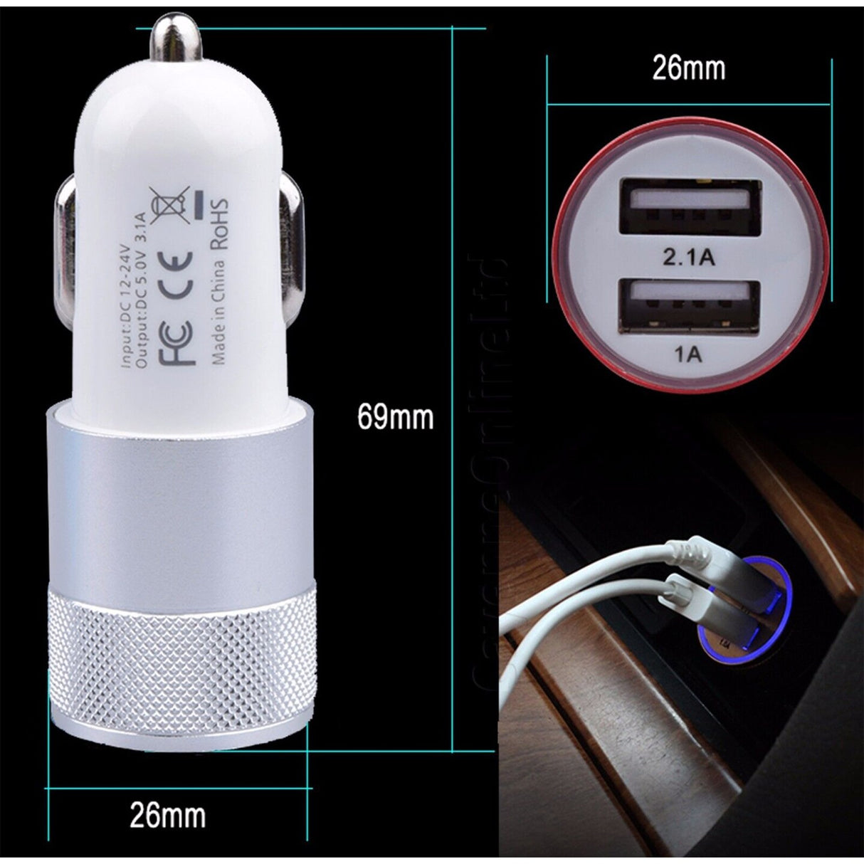 Car CH Charger | Max Output 1A (2 USB) Car CH Charger | the TurboCharge CH Charger | MINA® - Blue