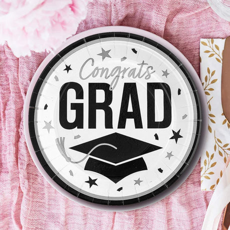 25 Count White Congrats Grad Paper Plates 9 Inch Graduation Party Supplies for Clean Looks