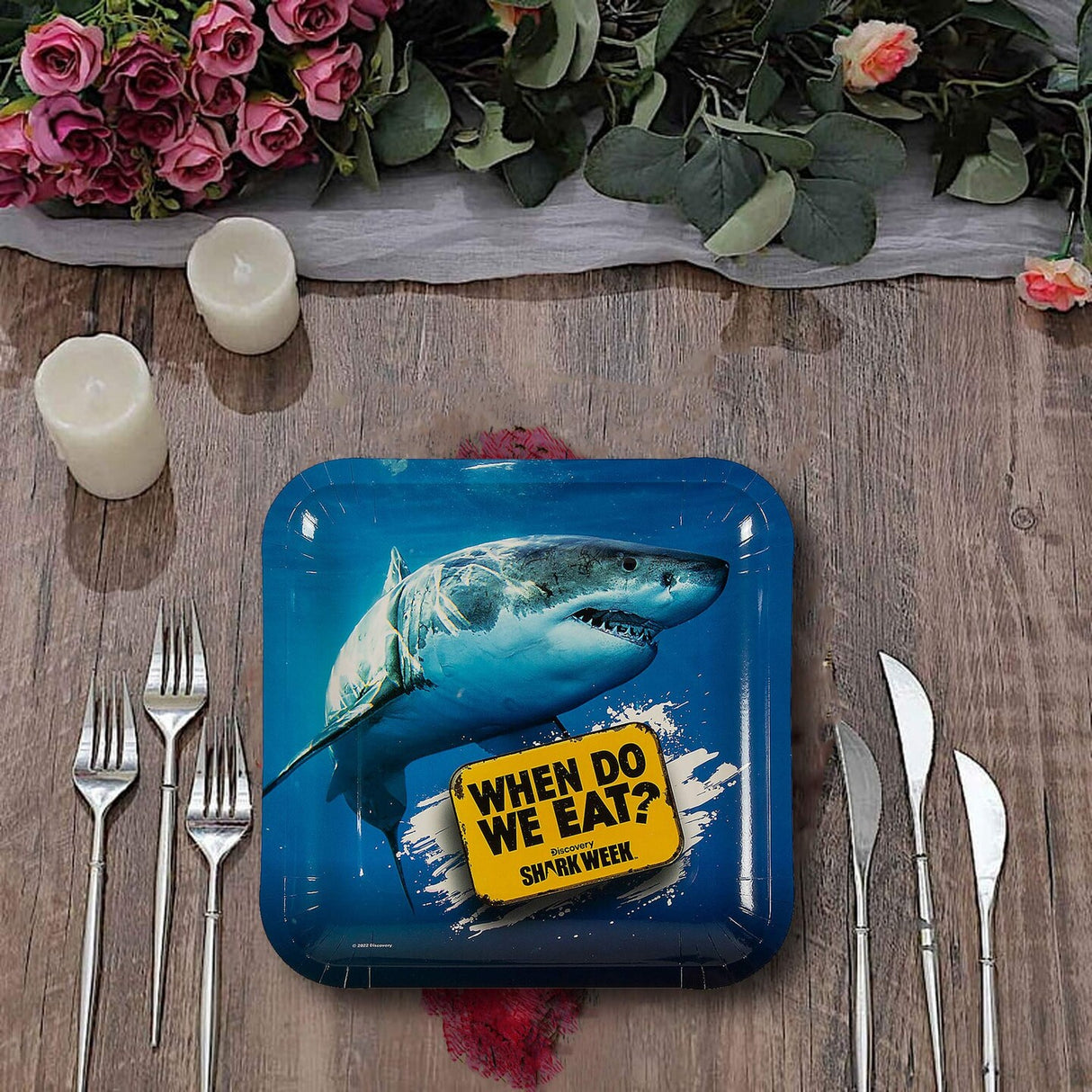 Shark Week Warning Sign Square Paper Plates 9 Inch 8 Count for Sea Life Party