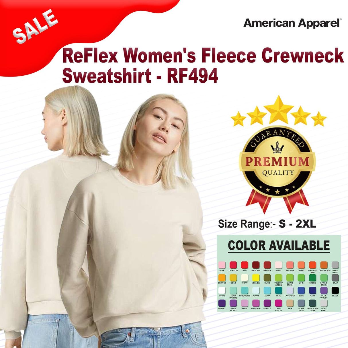 American Apparel® ReFlex Women's Fleece Crewneck Long Sleeve Sweatshirt