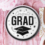 25 Count White Congrats Grad 9 Inch Paper Plates for Classic Graduation Parties