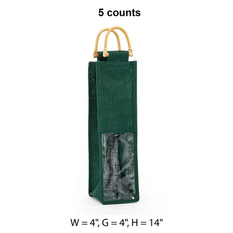 Jute Wine Bags with Wooden Handles 4 '' X 4 '' X 14 '' Forest