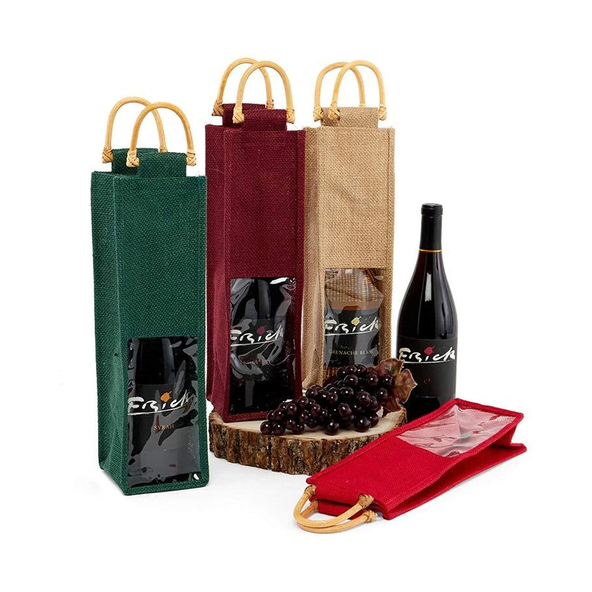 Jute Wine Bags with Wooden Handles 4 '' X 4 '' X 14 '' Natural