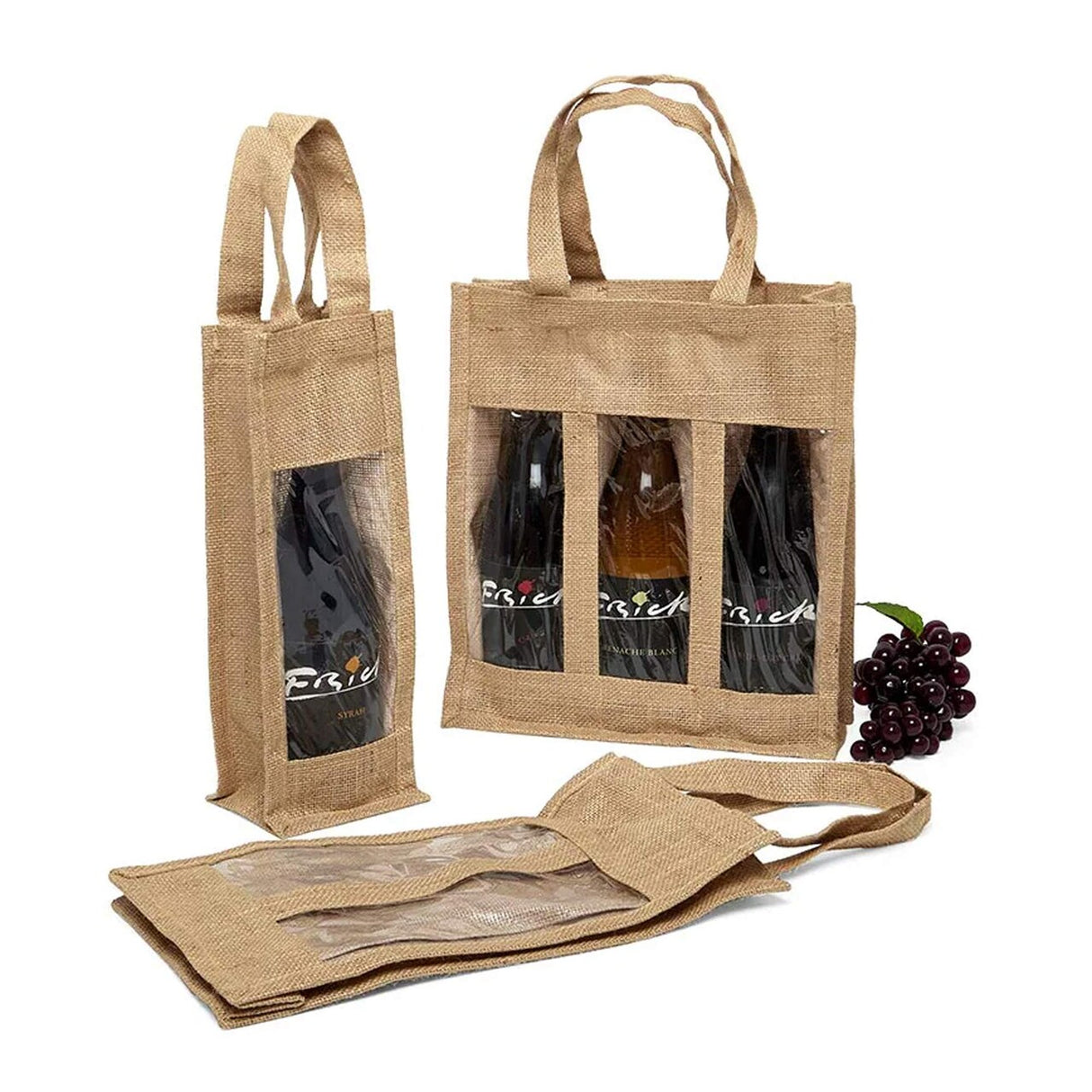 Jute Wine Bags with Window 11 7/8 '' X 4 5/16 '' X 13 3/4 '' Three Bottle