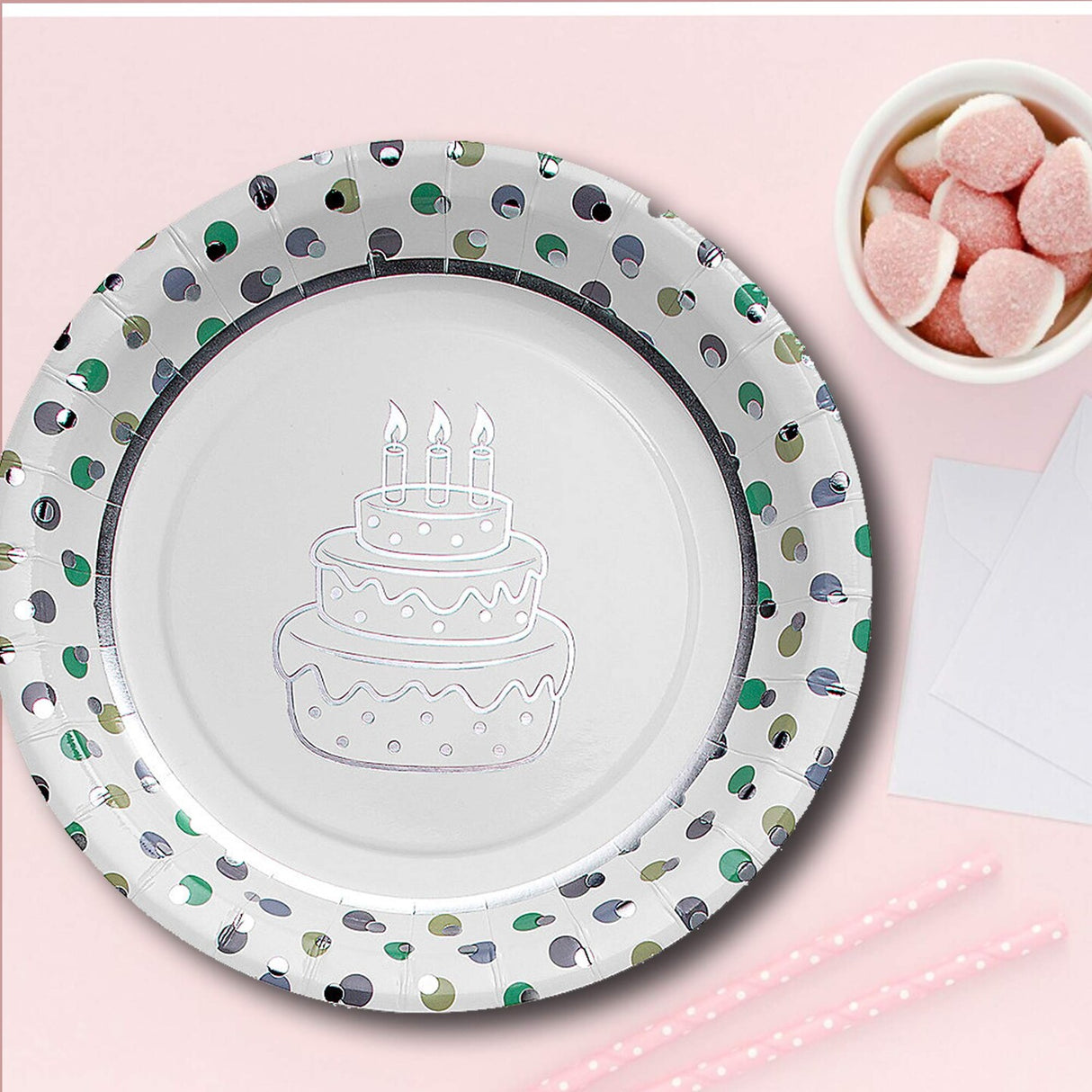 8 Count Birthday Cake Paper Plates Polka Dot Trim Party 7"