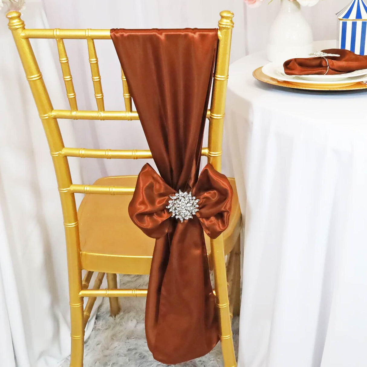 10 Pieces Cognac Satin Chair Sashes 8"x108" Elegant Event Decor