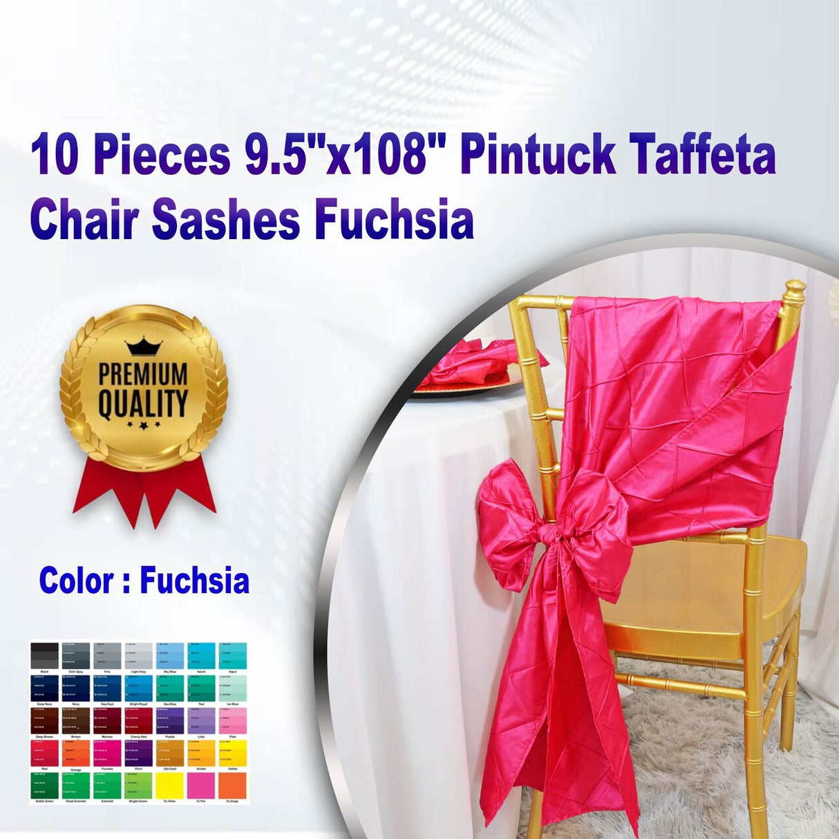 10 Pieces 9.5"x108" Pintuck Taffeta Chair Sashes Fuchsia