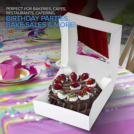 8 x 8 x 2.5” White Bakery Boxes with Window Pastry Boxes for Strawberries, Dessert Boxes, Bakery