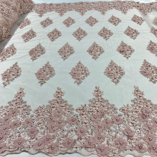 1 Yard Beaded 3D Floral Lace Fabric Embroidered on 100% Polyester Net Mesh