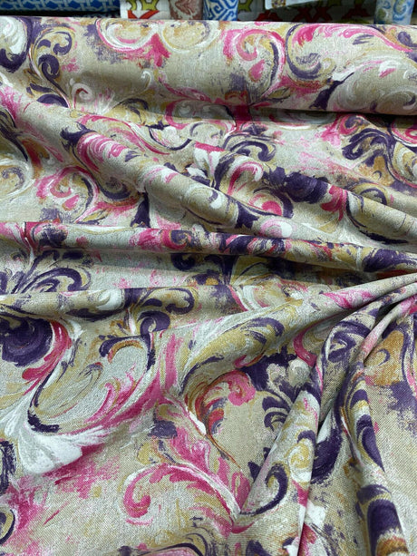 Boki Art Cotton Polyester Fabric - Pink Purple White Abstract Floral Paisley, 56" Width (By The Yard)