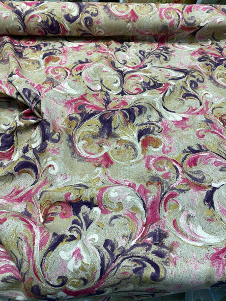 Boki Art Cotton Polyester Fabric - Pink Purple White Abstract Floral Paisley, 56" Width (By The Yard)