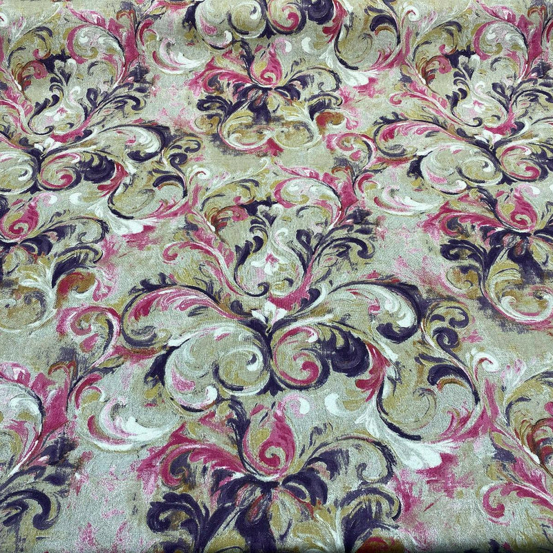 Boki Art Cotton Polyester Fabric - Pink Purple White Abstract Floral Paisley, 56" Width (By The Yard)