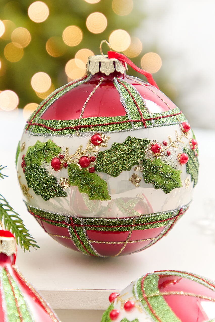 4" - 6" Red & Green Plaid & Holly Glass Ornament