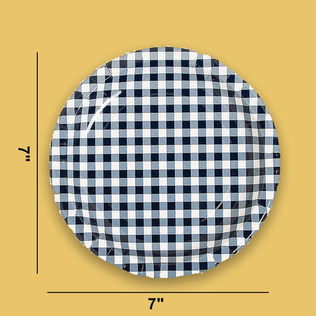 8 Ct. Navy Gingham Paper Dessert Plates 7" Rustic Party Checkered Plates