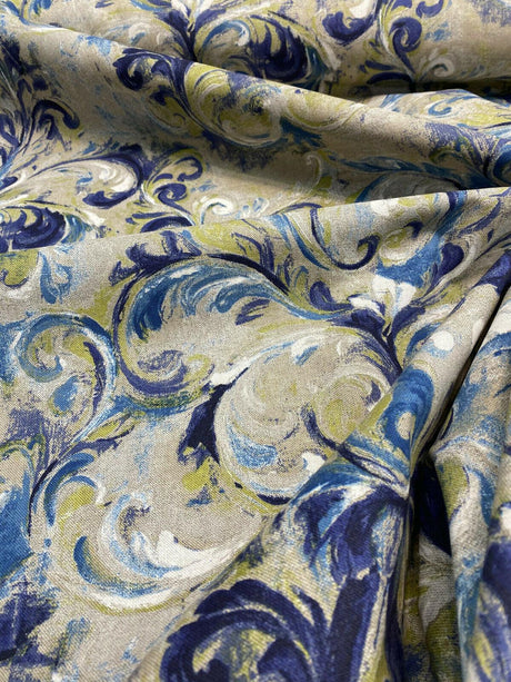 Boki Art Cotton Polyester Fabric - Blue Digital Print Floral Paisley, 56" Width (1 Yard)
