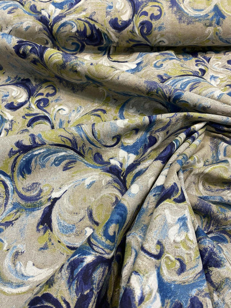 Boki Art Cotton Polyester Fabric - Blue Digital Print Floral Paisley, 56" Width (1 Yard)