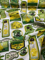 Olives & Oil Capri Cotton Duck Fabric - Green Yellow Black On White Background, 54" Width (1 Yard)