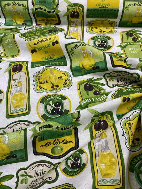 Olives & Oil Capri Cotton Duck Fabric - Green Yellow Black On White Background, 54" Width (1 Yard)
