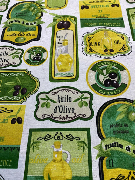 Olives & Oil Capri Cotton Duck Fabric - Green Yellow Black On White Background, 54" Width (1 Yard)