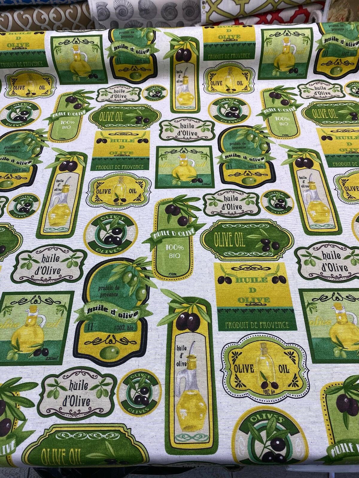 Olives & Oil Capri Cotton Duck Fabric - Green Yellow Black On White Background, 54" Width (1 Yard)