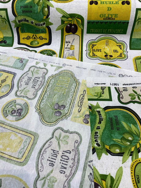 Olives & Oil Capri Cotton Duck Fabric - Green Yellow Black On White Background, 54" Width (1 Yard)