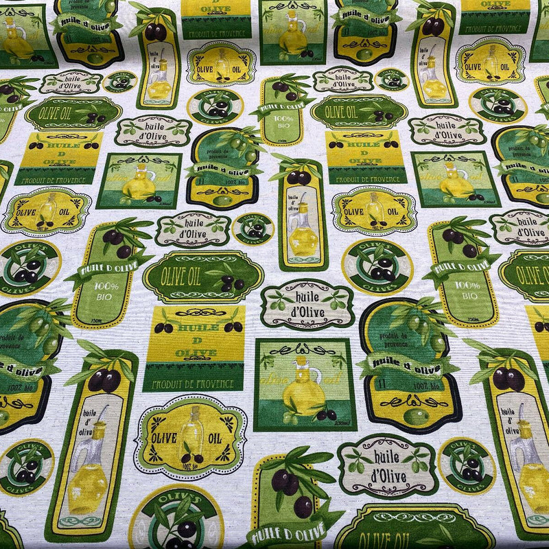 Olives & Oil Capri Cotton Duck Fabric - Green Yellow Black On White Background, 54" Width (1 Yard)