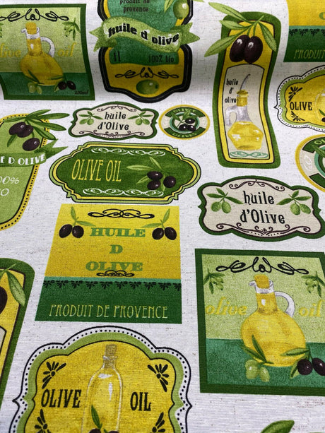 Olives & Oil Capri Cotton Duck Fabric - Green Yellow Black On White Background, 54" Width (1 Yard)