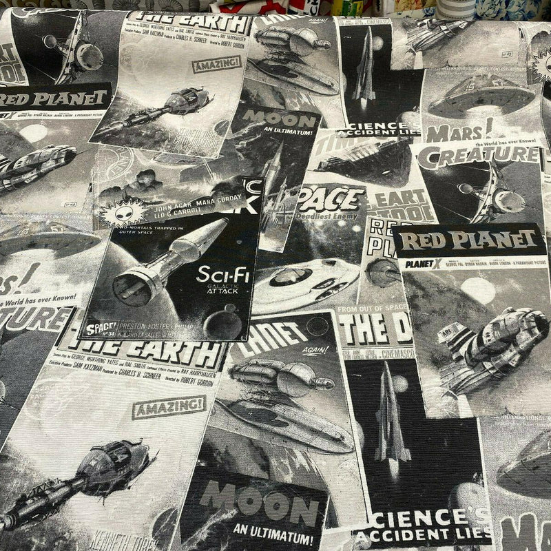 Galactic Sci-Fi Red Planet Cotton Duck Print Fabric - Black, White, Gray Space Scene, 54" Width (1 Yard)