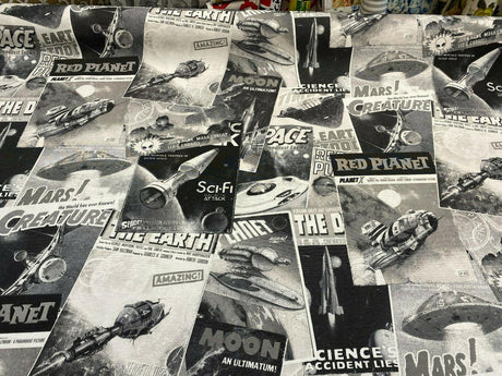 Galactic Sci-Fi Red Planet Cotton Duck Print Fabric - Black, White, Gray Space Scene, 54" Width (1 Yard)