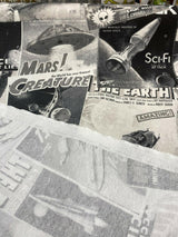 Galactic Sci-Fi Red Planet Cotton Duck Print Fabric - Black, White, Gray Space Scene, 54" Width (1 Yard)