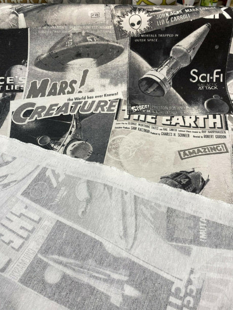 Galactic Sci-Fi Red Planet Cotton Duck Print Fabric - Black, White, Gray Space Scene, 54" Width (1 Yard)