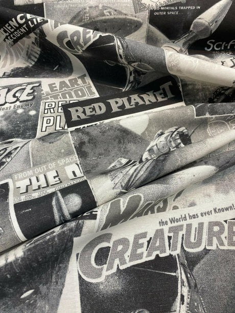 Galactic Sci-Fi Red Planet Cotton Duck Print Fabric - Black, White, Gray Space Scene, 54" Width (1 Yard)