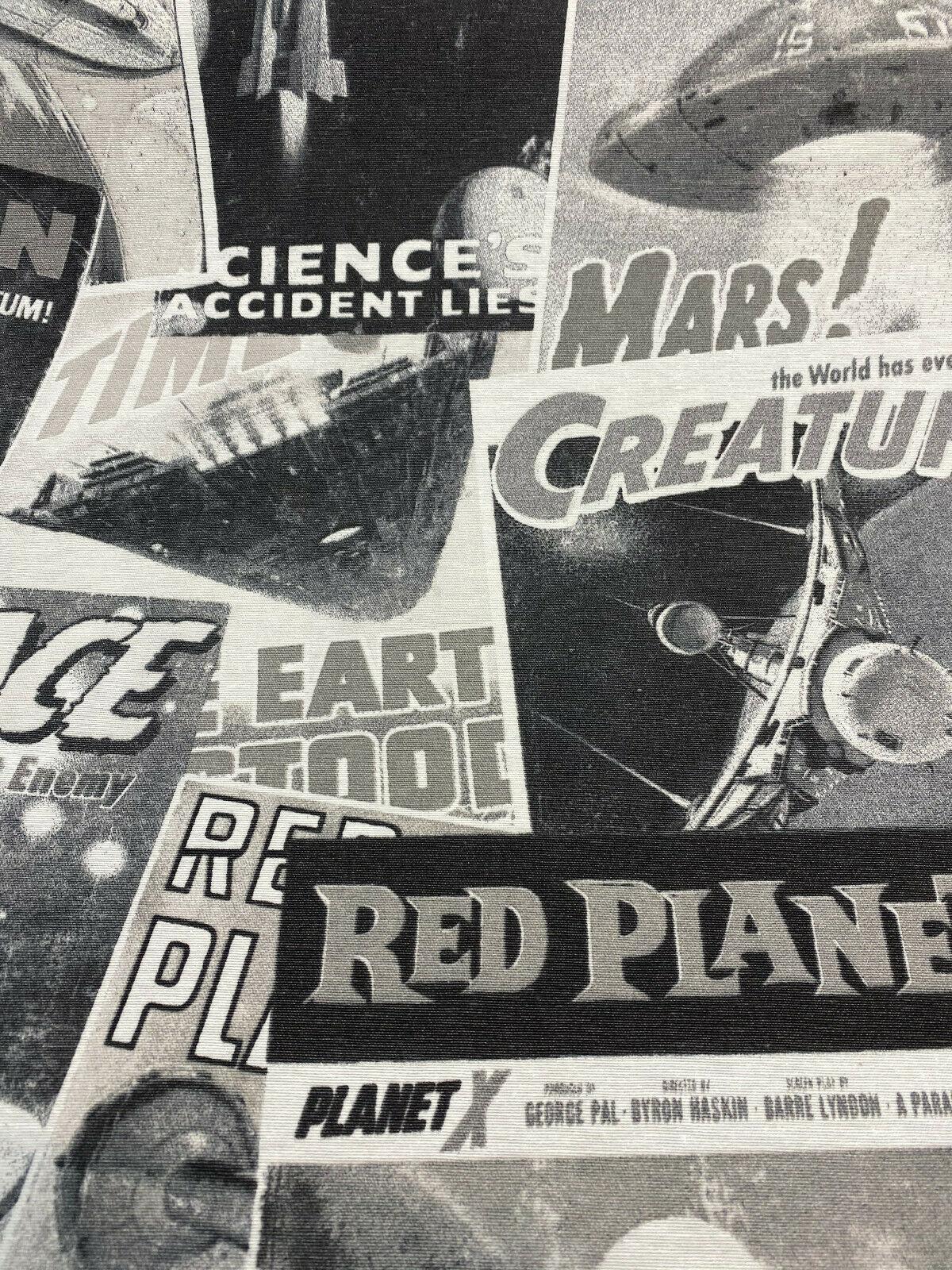 Galactic Sci-Fi Red Planet Cotton Duck Print Fabric - Black, White, Gray Space Scene, 54" Width (1 Yard)
