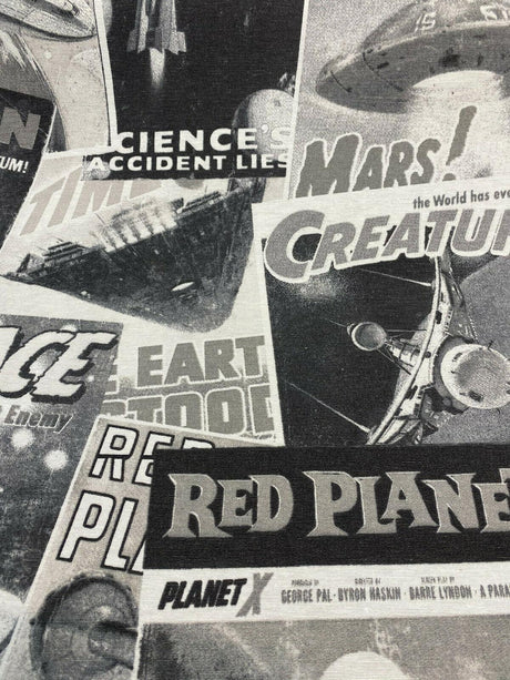 Galactic Sci-Fi Red Planet Cotton Duck Print Fabric - Black, White, Gray Space Scene, 54" Width (1 Yard)