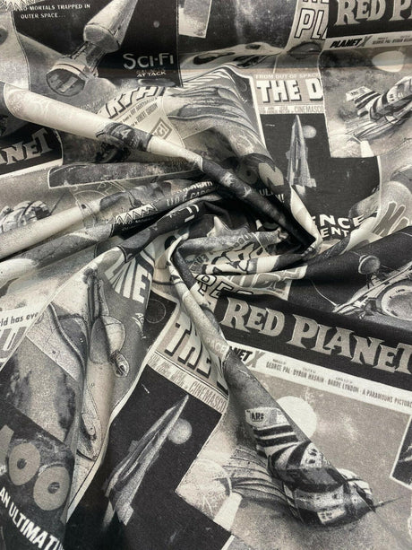 Galactic Sci-Fi Red Planet Cotton Duck Print Fabric - Black, White, Gray Space Scene, 54" Width (1 Yard)
