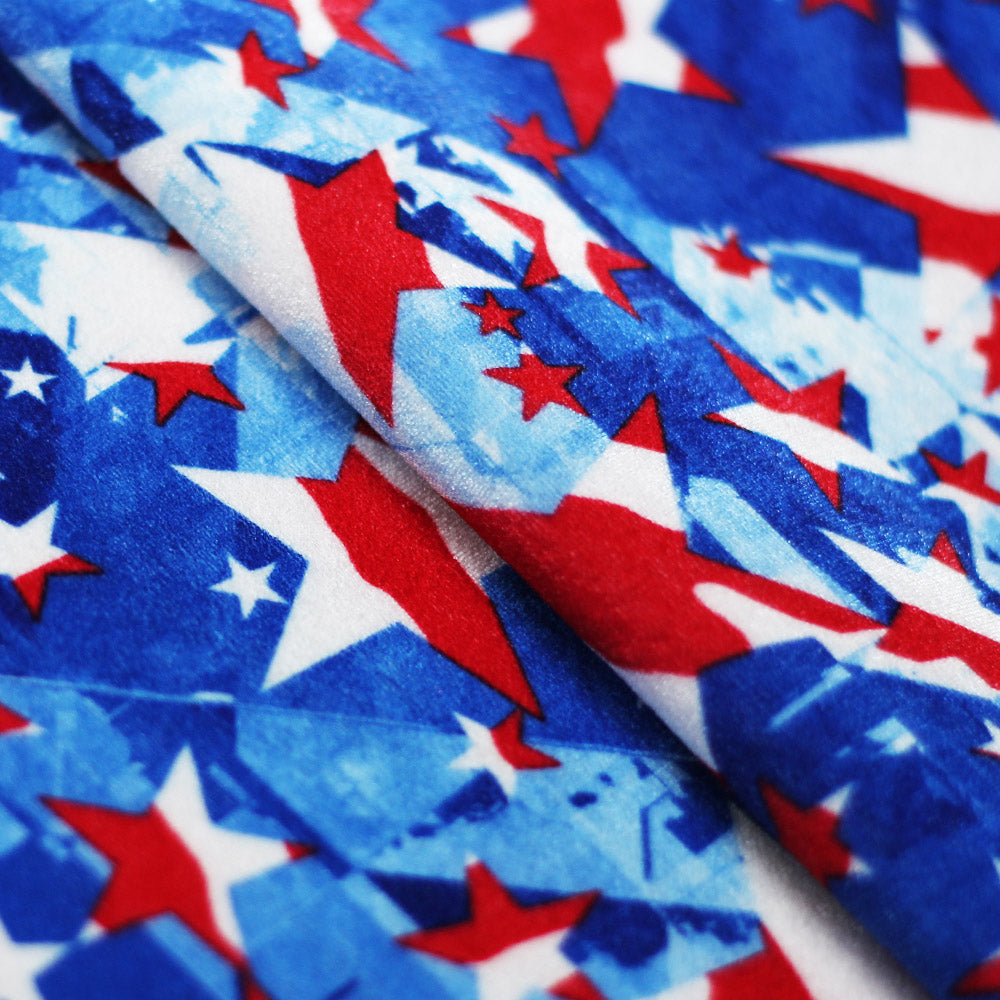Star Spangled Polyester Spandex Fabric - American Flag Print, Red And White Stars On Blue, 58-60" Width, 240 GSM (1 Yard)