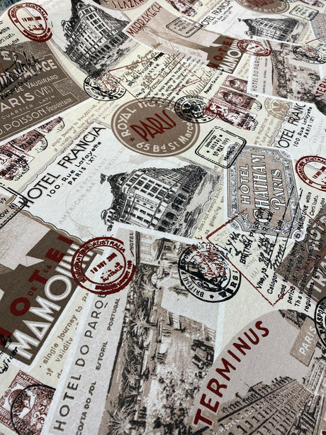 Sepia Paris Vacation Hotel Trianon Cotton Fabric - Bronze Maroon Beige Black On Beige/ Off-White Background, 54" Width (By The Yard)