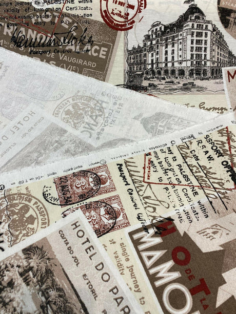 Sepia Paris Vacation Hotel Trianon Cotton Fabric - Bronze Maroon Beige Black On Beige/ Off-White Background, 54" Width (By The Yard)