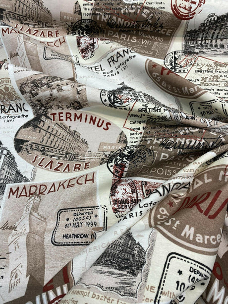 Sepia Paris Vacation Hotel Trianon Cotton Fabric - Bronze Maroon Beige Black On Beige/ Off-White Background, 54" Width (By The Yard)