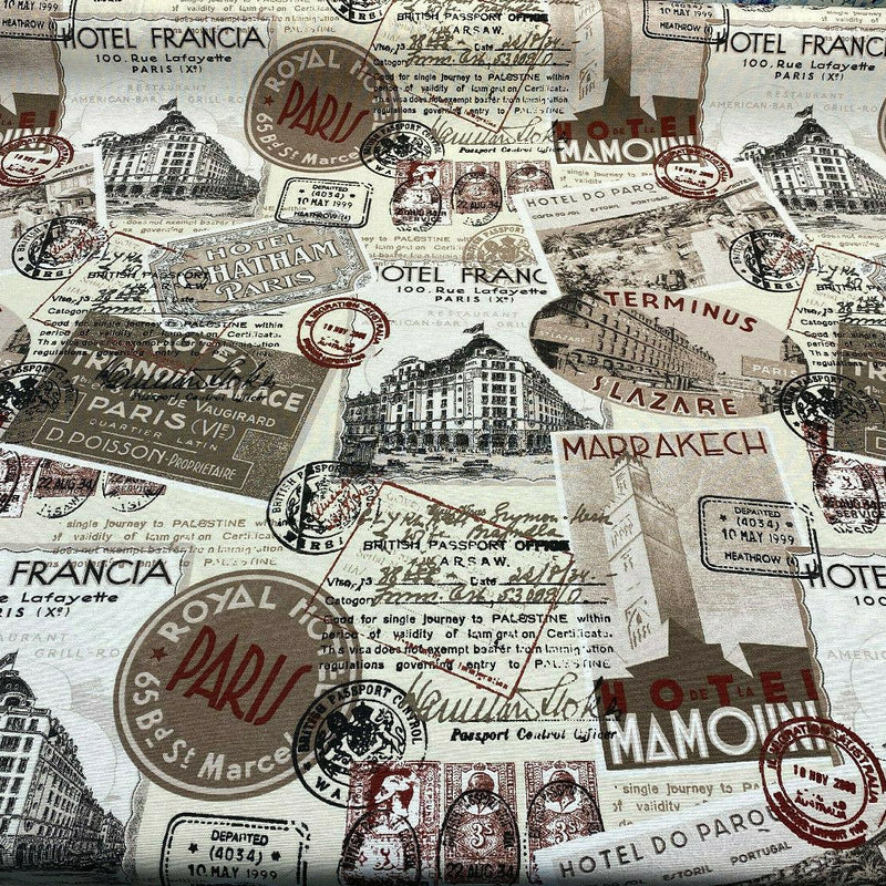 Sepia Paris Vacation Hotel Trianon Cotton Fabric - Bronze Maroon Beige Black On Beige/ Off-White Background, 54" Width (By The Yard)