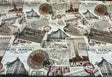 Sepia Paris Vacation Hotel Trianon Cotton Fabric - Bronze Maroon Beige Black On Beige/ Off-White Background, 54" Width (By The Yard)