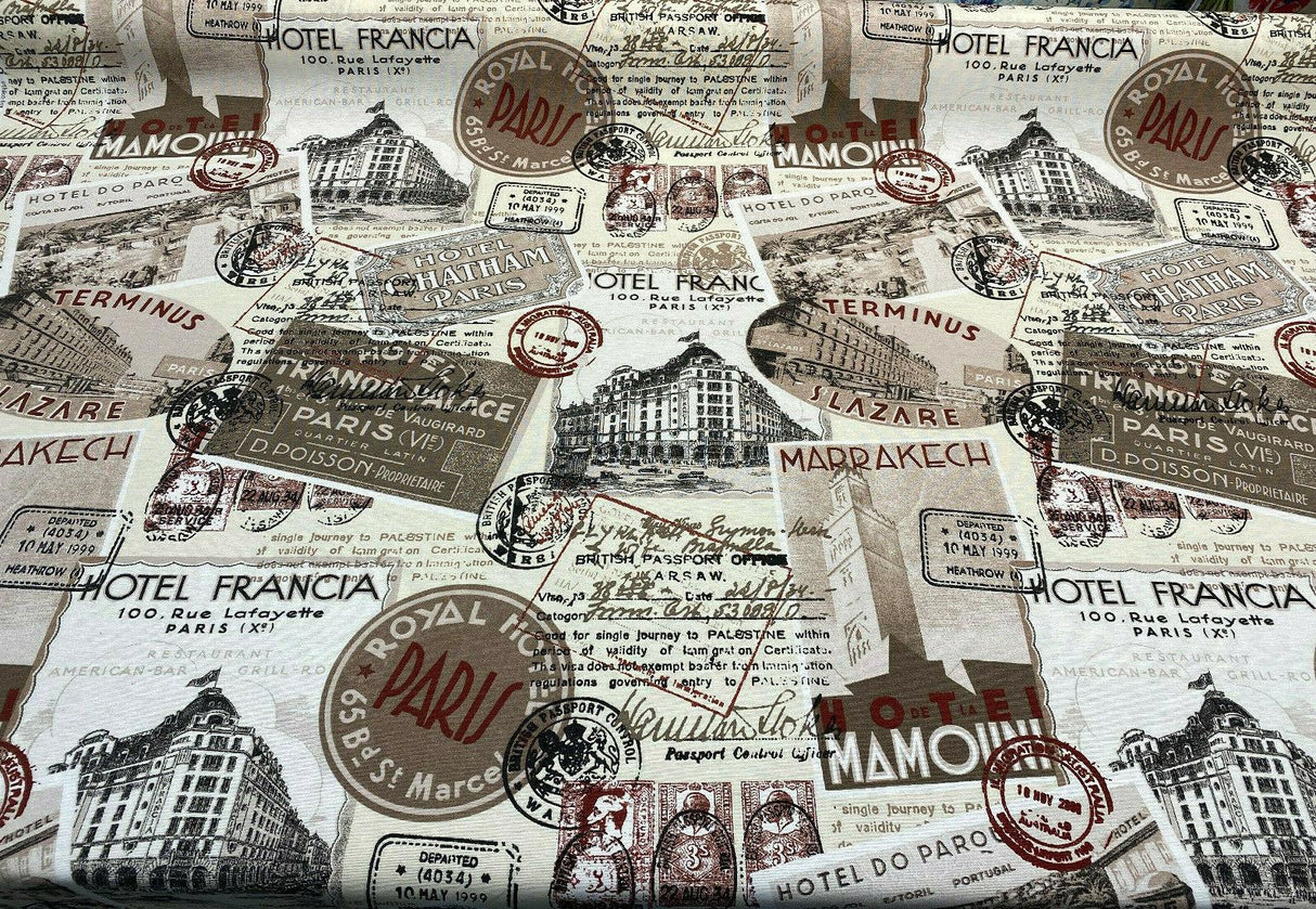 Sepia Paris Vacation Hotel Trianon Cotton Fabric - Bronze Maroon Beige Black On Beige/ Off-White Background, 54" Width (By The Yard)