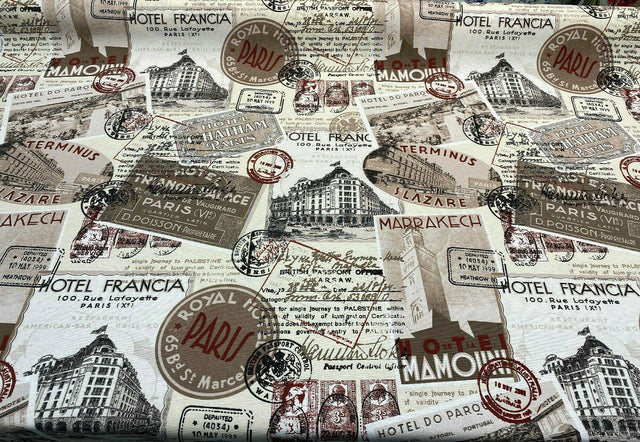 Sepia Paris Vacation Hotel Trianon Cotton Fabric - Bronze Maroon Beige Black On Beige/ Off-White Background, 54" Width (By The Yard)