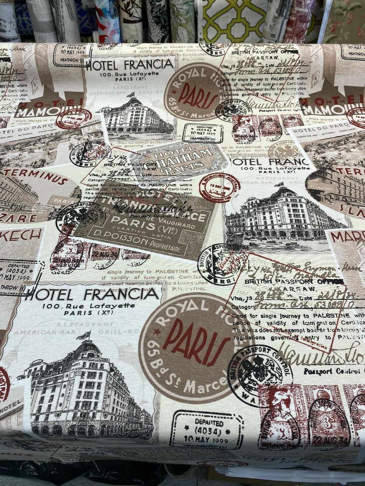 Sepia Paris Vacation Hotel Trianon Cotton Fabric - Bronze Maroon Beige Black On Beige/ Off-White Background, 54" Width (By The Yard)