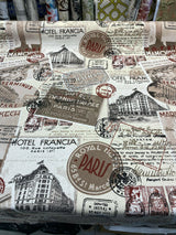 Sepia Paris Vacation Hotel Trianon Cotton Fabric - Bronze Maroon Beige Black On Beige/ Off-White Background, 54" Width (By The Yard)