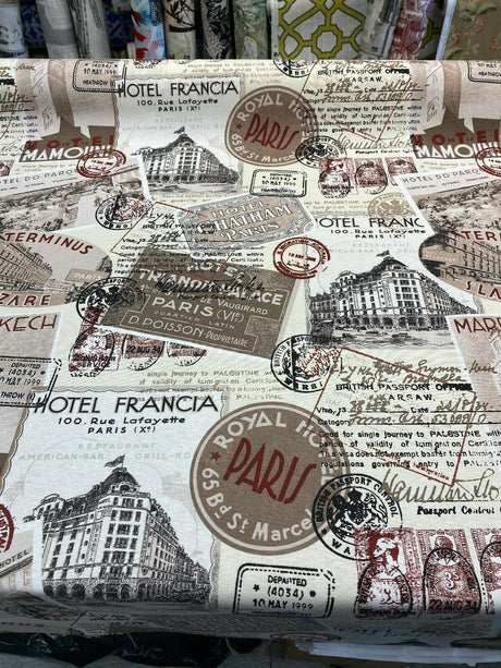 Sepia Paris Vacation Hotel Trianon Cotton Fabric - Bronze Maroon Beige Black On Beige/ Off-White Background, 54" Width (By The Yard)
