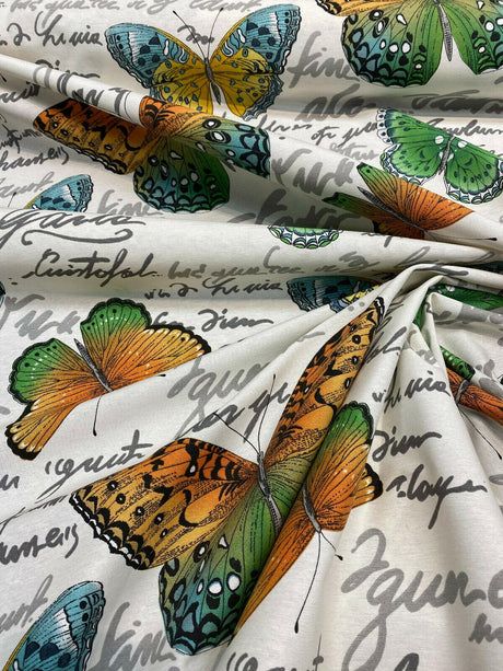 Garla Butterfly Midori Cotton Fabric - Orange, Green, Blue, Yellow Butterfly Print, 54" Width (1 Yard)