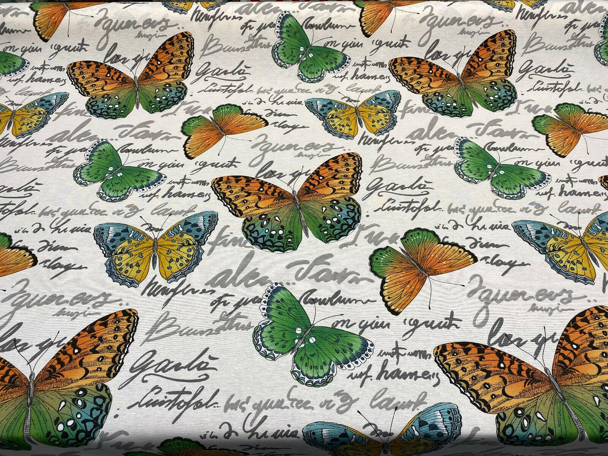 Garla Butterfly Midori Cotton Fabric - Orange, Green, Blue, Yellow Butterfly Print, 54" Width (1 Yard)